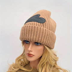 Heart Label Patch Beanie Thick Elastic Knit Hat Solid Skull Cap