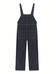 Dark Loose Fit Denim Jumpsuit Non Stretch Slash Pockets Casual Denim Overalls