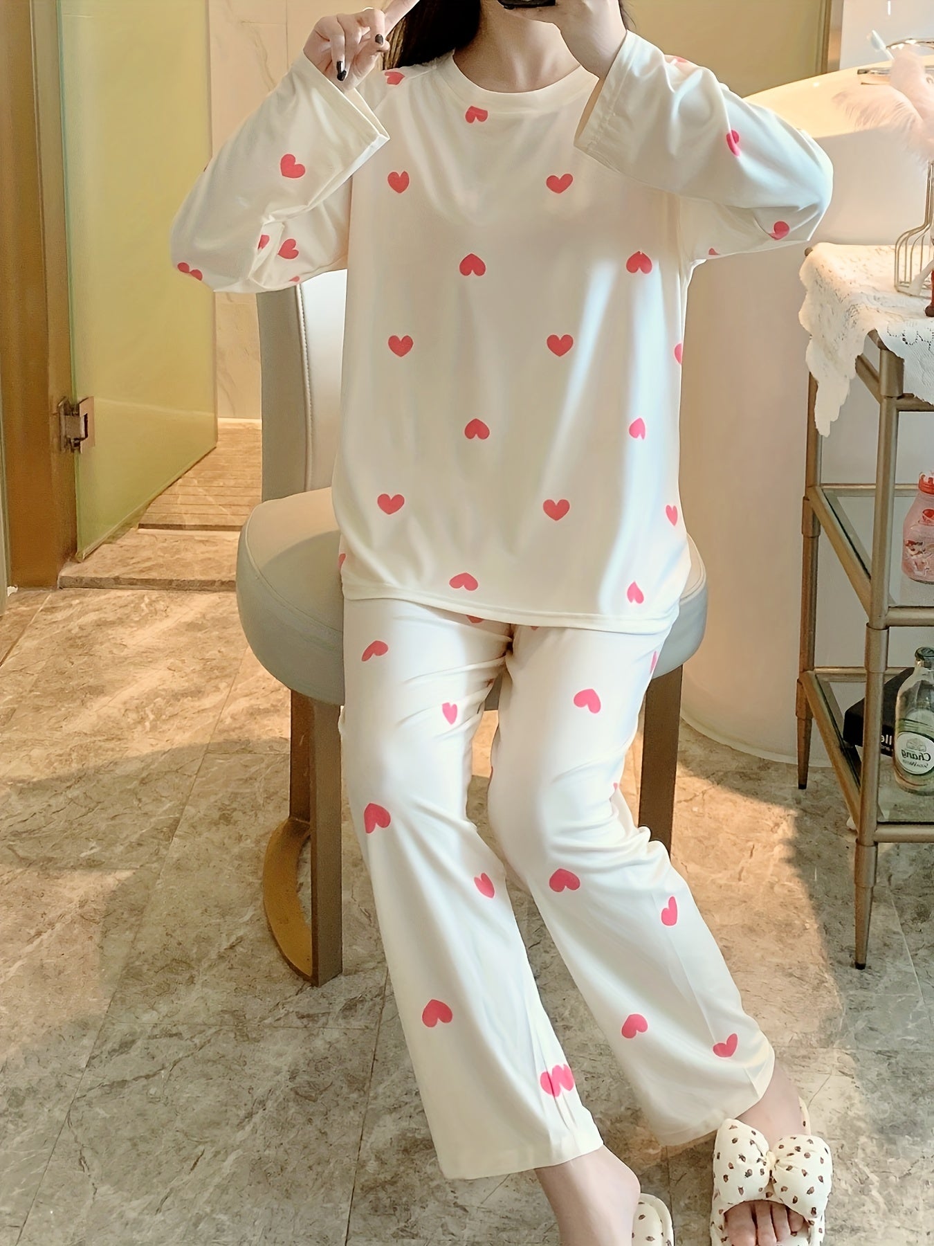 Heart Print Long Sleeve Pajama Set Women's Sleepwear & Loungewear
