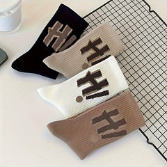 4 Pairs Letter Print Socks Comfy & Breathable Mid Tube Women's Stockings