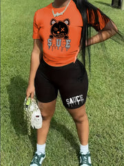 2 Piece Set Women's Letter & Bear Print Crop Top & Shorts