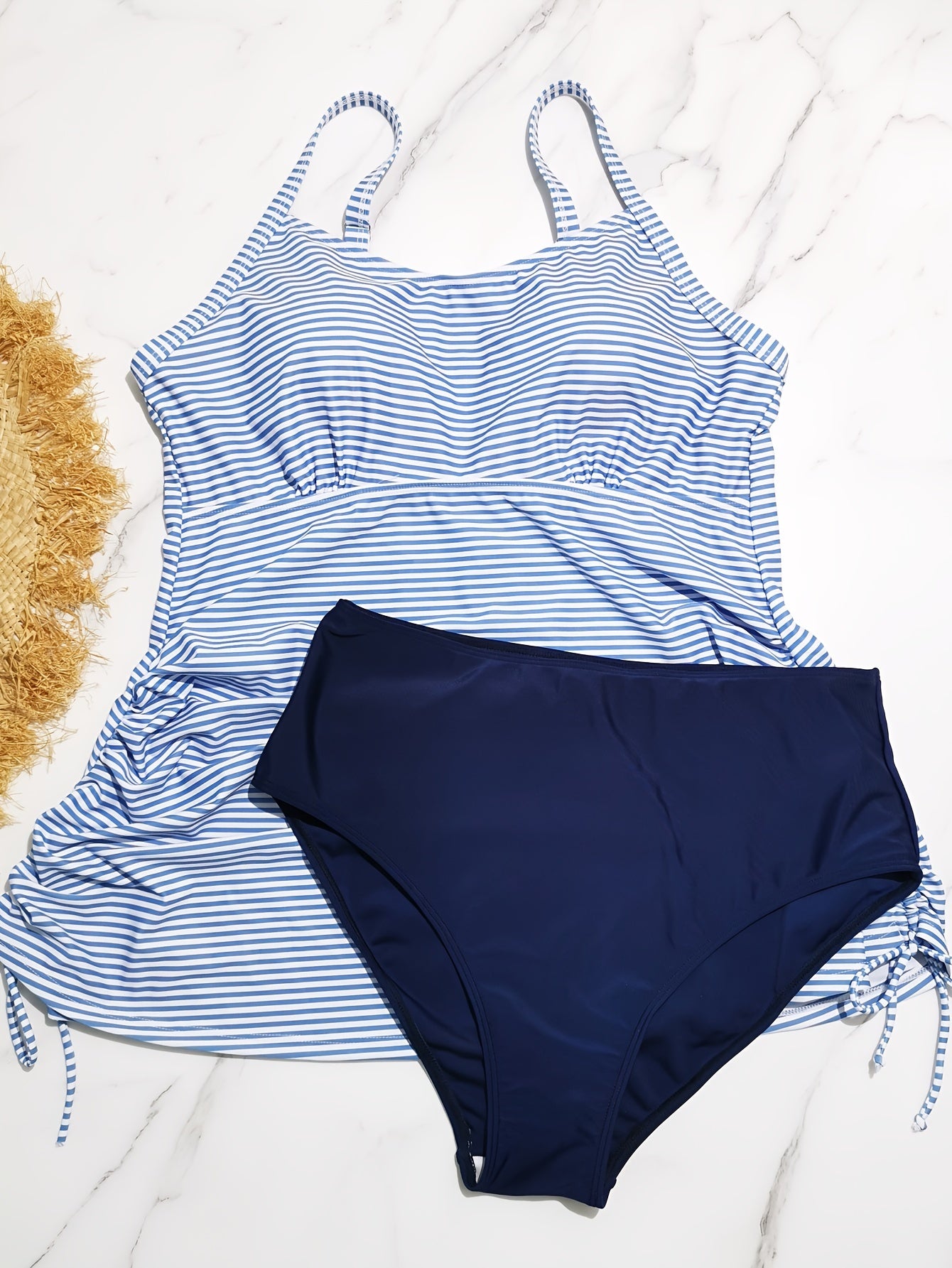 Striped Print Lace Up Tankini Set