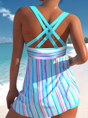 Modest Tankini Set Women's Plus Striped Print Swimsuit Two Piece Set
