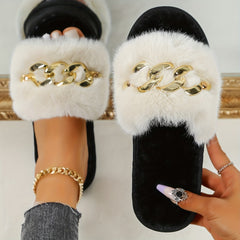 Women's Chain Decor Slippers Round Open Toe Slip On Shoes Plush Comfortable
