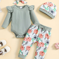 Baby Girls 4pcs Set Long Sleeved Romper Floral Print Trousers