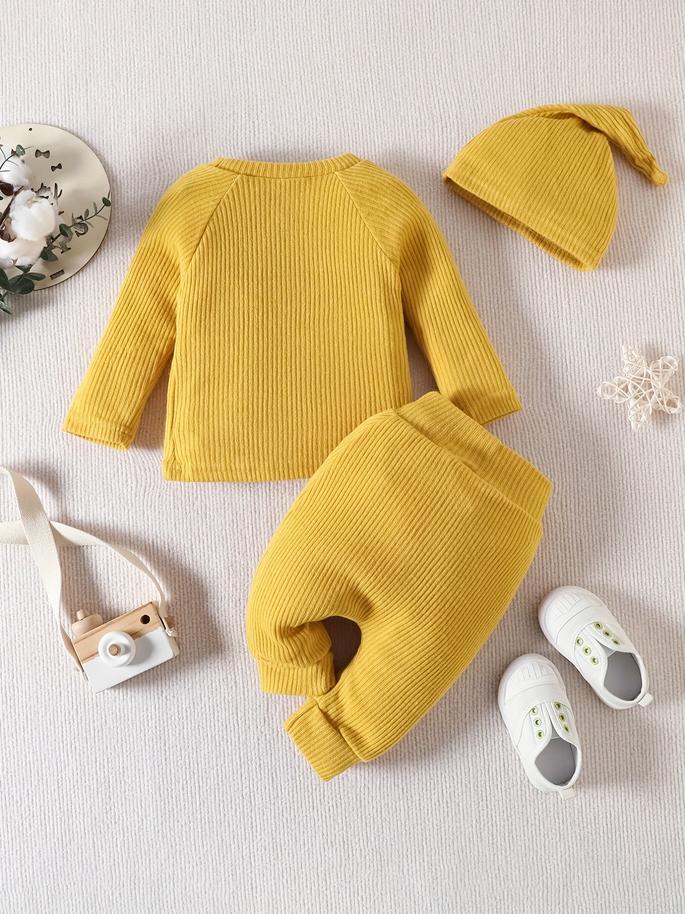Baby 3pcs Set Ribbed Knitted Tops & Long Pants & Cap Cotton Clothes