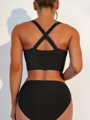 V Neck Twist Cross Back 2 Piece Tankini Swimsuit Solid High Strech Push Up Beach