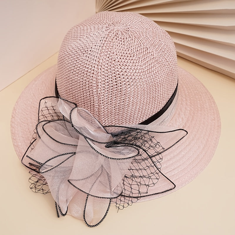Women's Wide Brim Straw Derby Hat Floral Fascinator