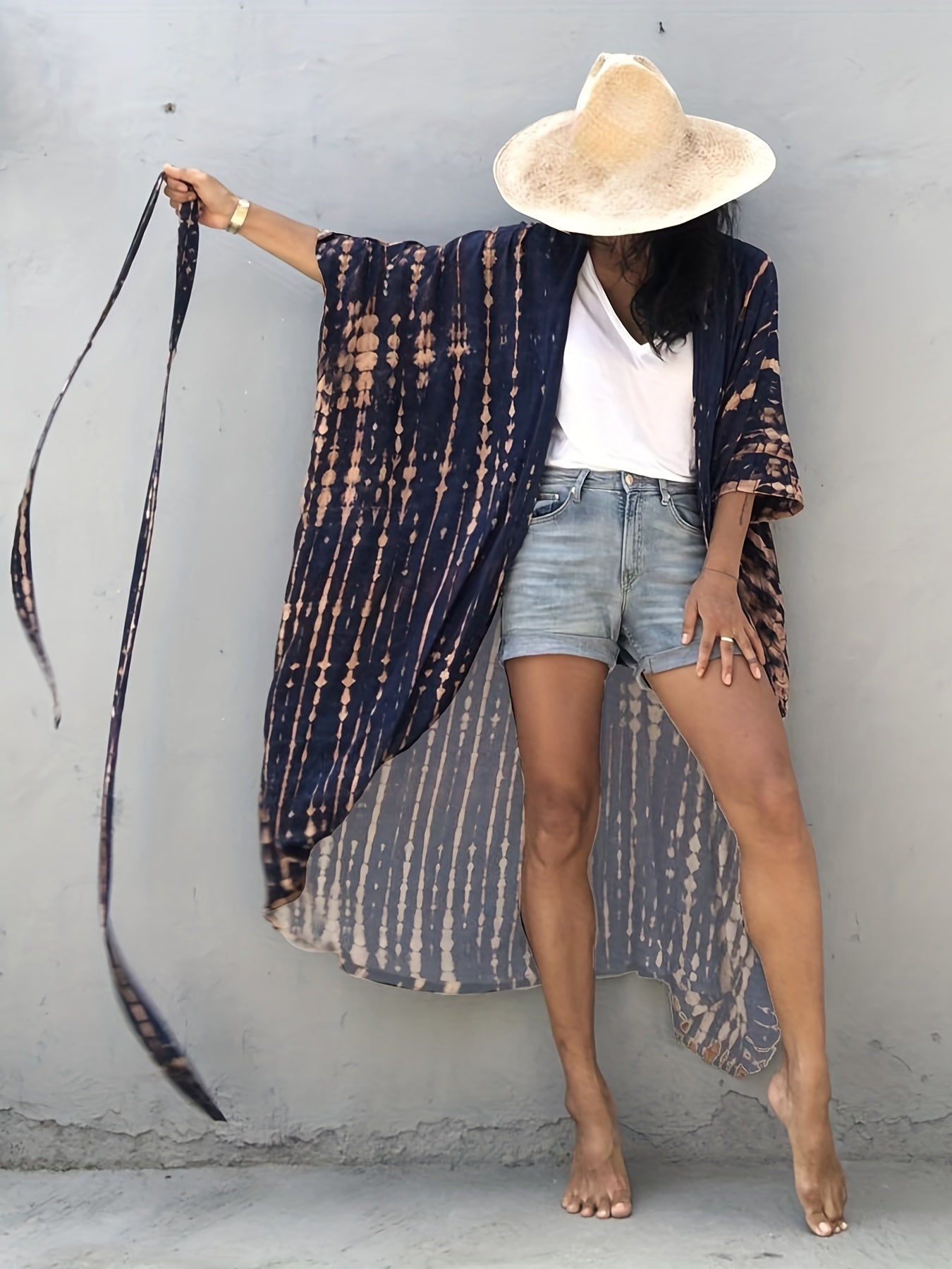 Striped Print Loose Fit Cover Up Shirt Long Sleeve Rash Guard V Neck