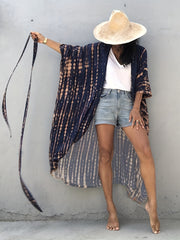Striped Print Loose Fit Cover Up Shirt Long Sleeve Rash Guard V Neck