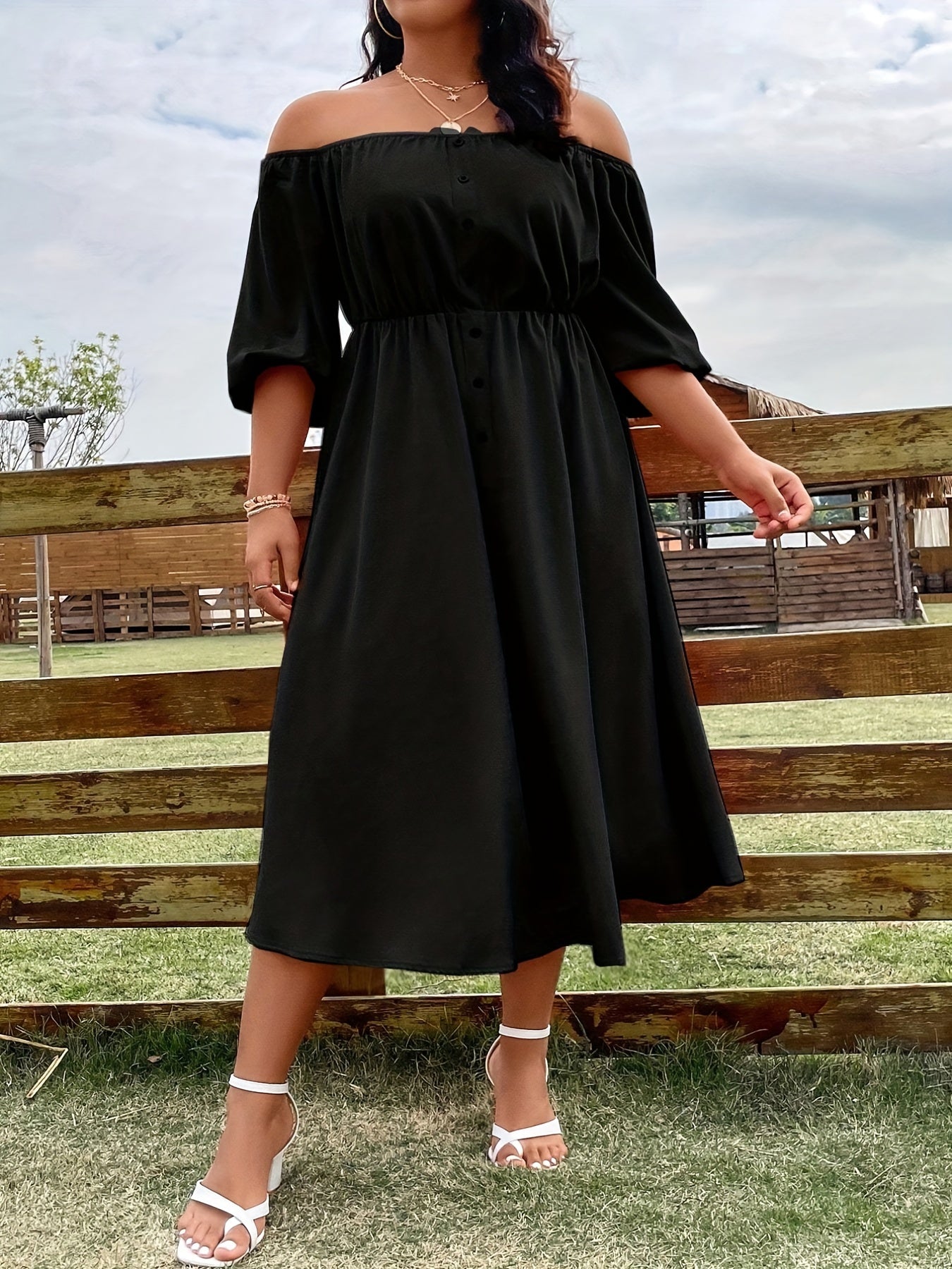 Casual Dress Women's Solid Off Shoulder Button Up Midi Dress
