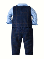 Boys Plaid Outfit Set with Bowtie Shirt & Pants