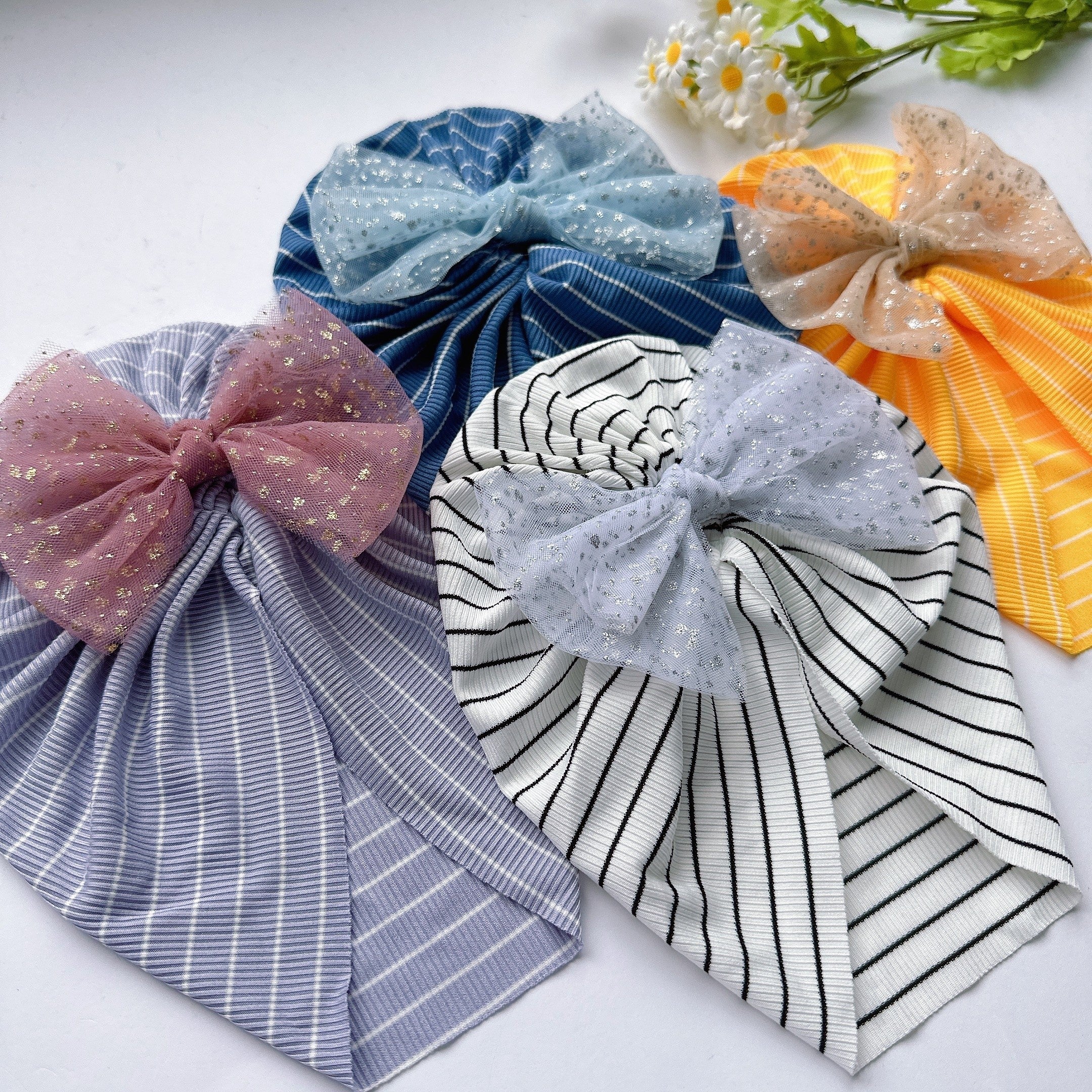 European American Soft Elastic Hat Baby Stripe Mesh Bow Girl Hat