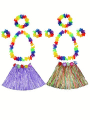 2 Sets Hawaiian Grass Hula Skirts & Leis for Women