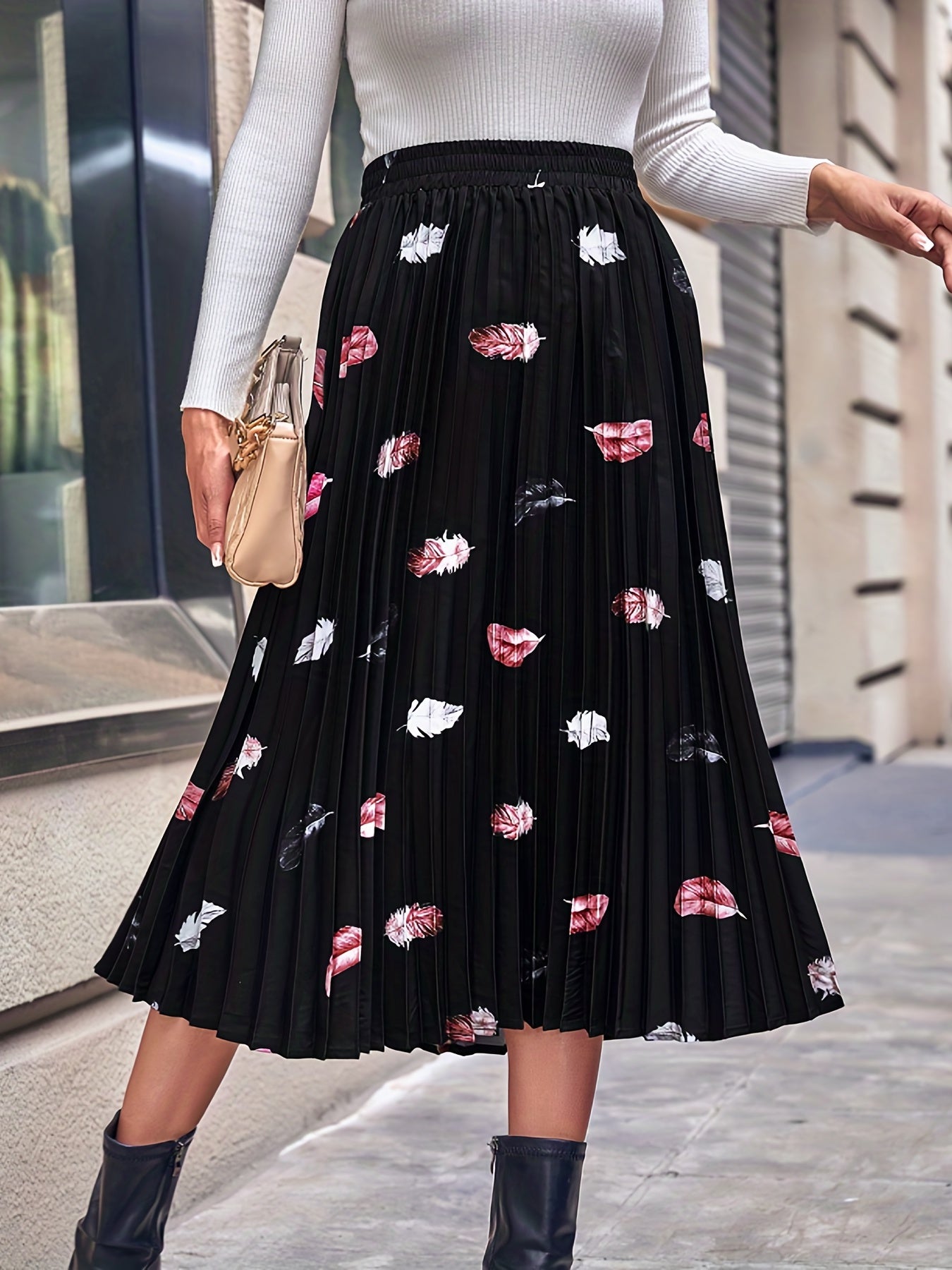 Feather Print Pleated Skirt Elastic Waist for Spring & Summer