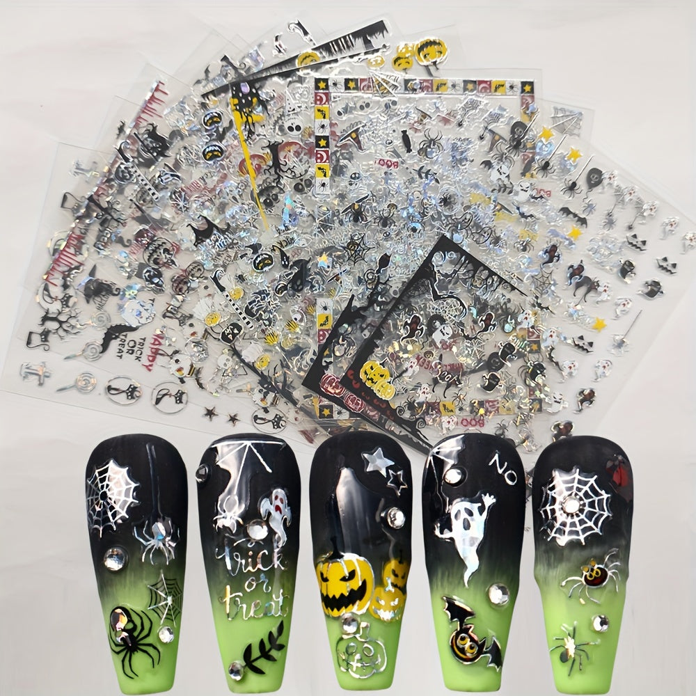 12pcs Halloween Nail Art Stickers 3D Laser Pumpkin Ghost Spider Skull Decals