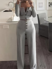Solid Ribbed Lounge Set Long Sleeve Top & Pants Women's Loungewear