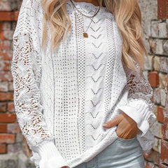 Contrast Lace Eyelet Knit Sweater Crew Neck Long Sleeve