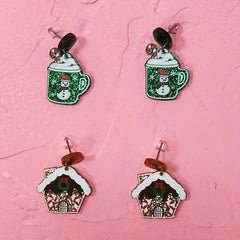 Snowman House Earrings Long Costume Jewelry Holiday Party Accessories