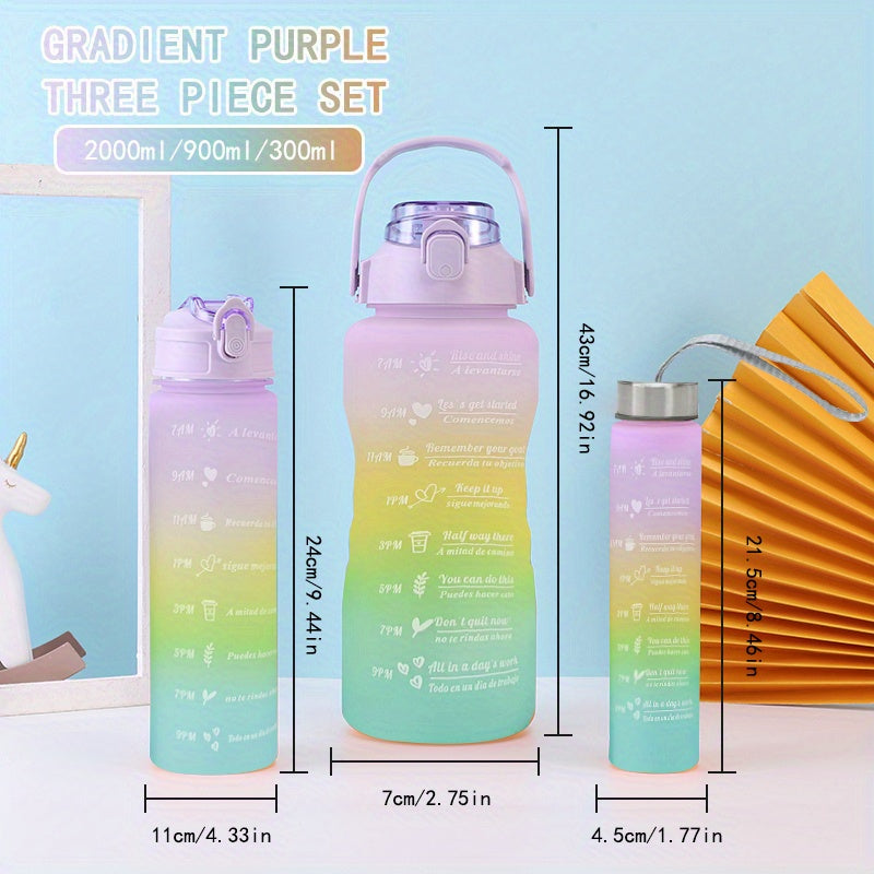 Gradient Water Bottle 3pc Set - Portable Sports Water Cup