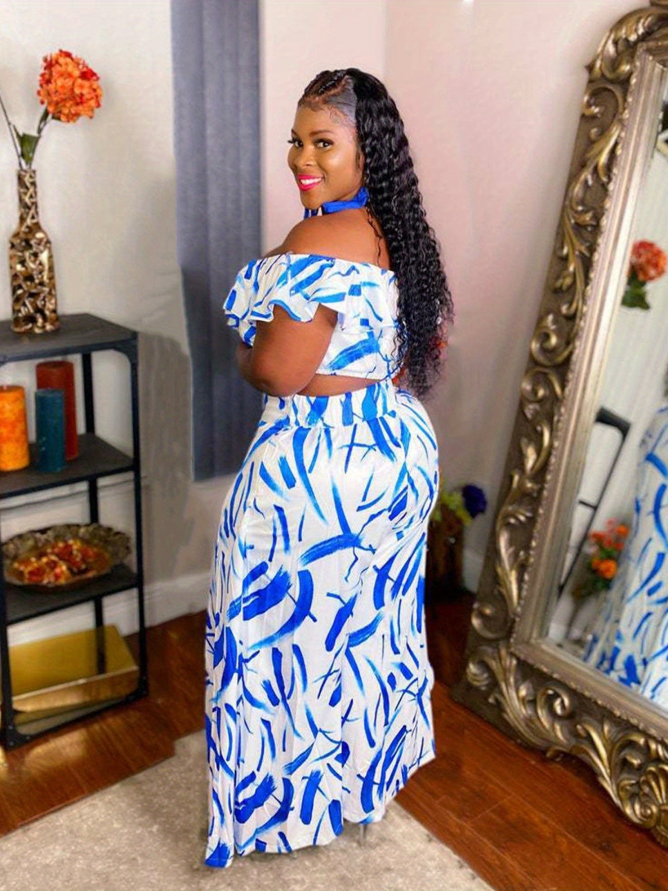 Two Piece Set Off Shoulder Print Crop Top & High Rise Maxi Skirt