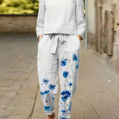 Floral Print Two piece Set Crew Neck Long Sleeve Top & Tie waist Pants