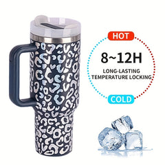 40oz Insulated Leopard Print Water Bottle with Handle Straw Lid