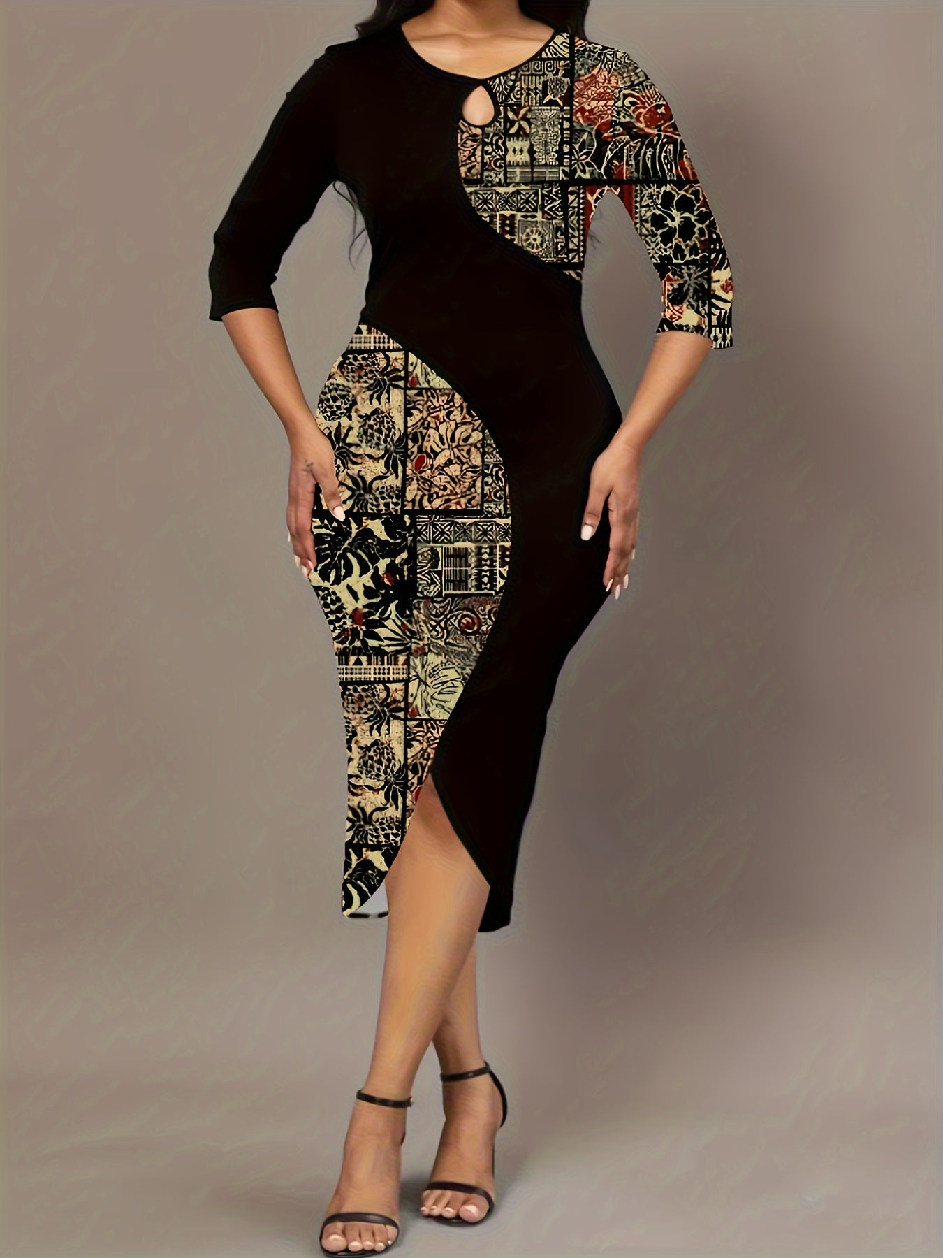 Colorblock Print Half Sleeve Round Neck Keyhole Dress