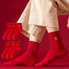 6 Pairs Year of the Dragon Red Fu Socks Women's Stockings