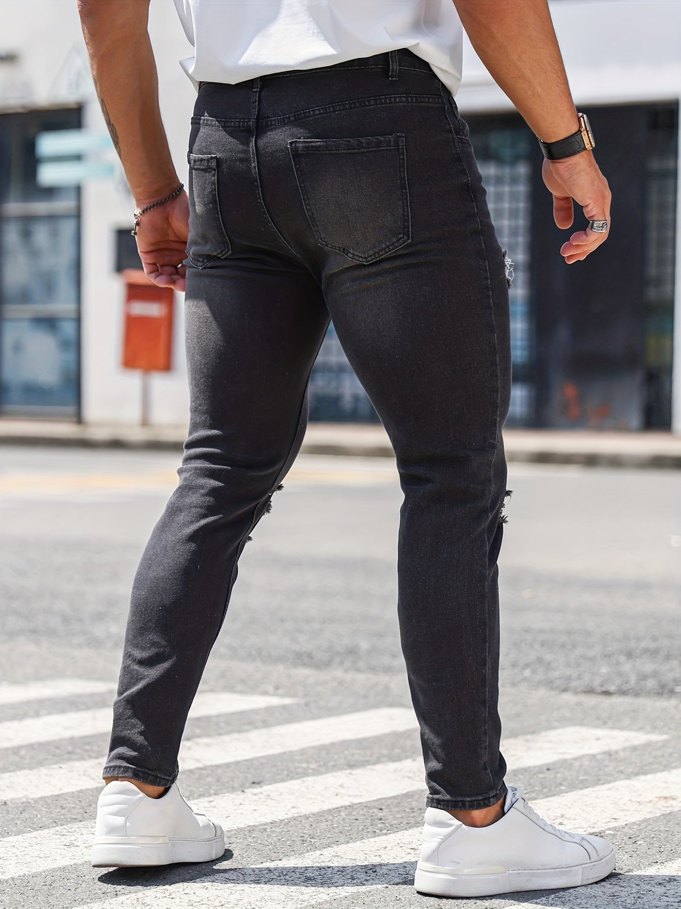 Slim Fit Ripped Jeans Men's Distressed Mid Stretch Denim Pants