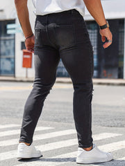 Slim Fit Ripped Jeans Men's Distressed Mid Stretch Denim Pants