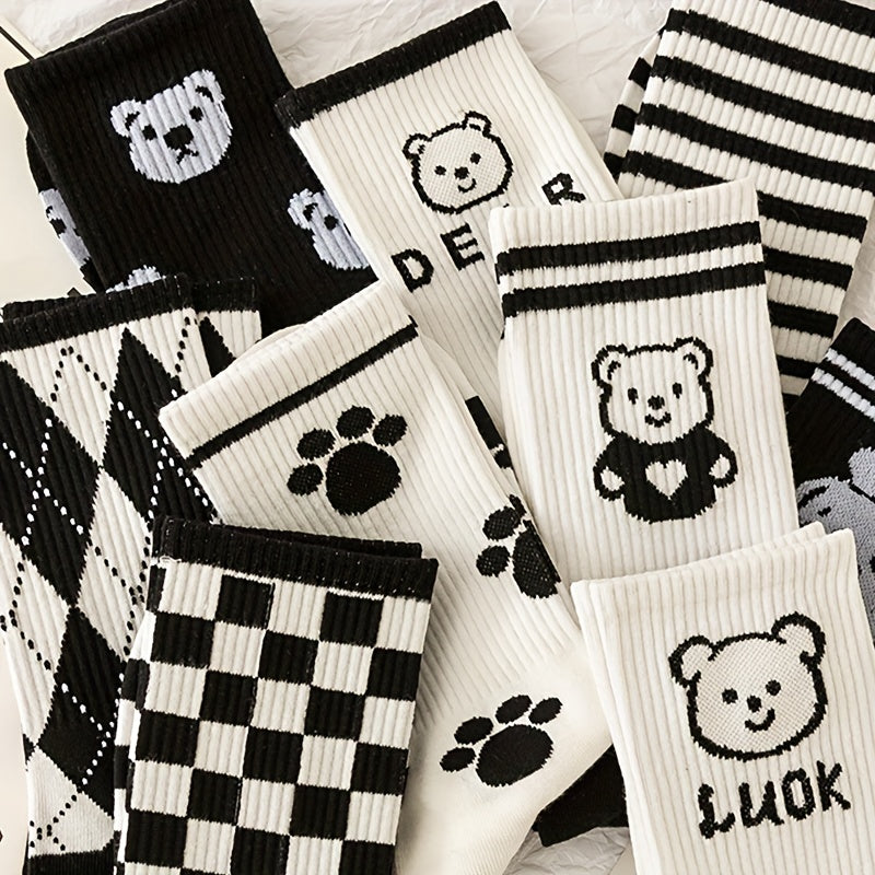 10 Pairs Women's Bear & Plaid Print Mid Tube Socks