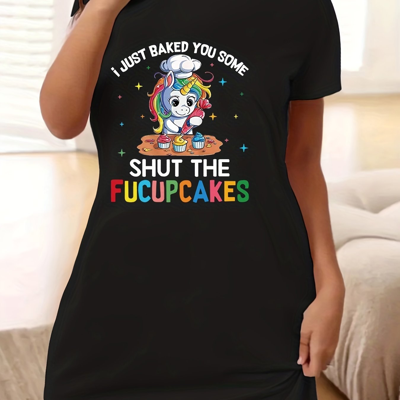 Cartoon Unicorn & Slogan Print Tee Dress