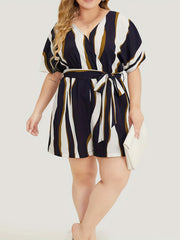 Stripe Print Batwing Sleeve Loose Fit Romper With Belt