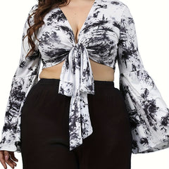 Sexy Blouse Women's Plus Tie Dye Twist Front Bell Sleeve