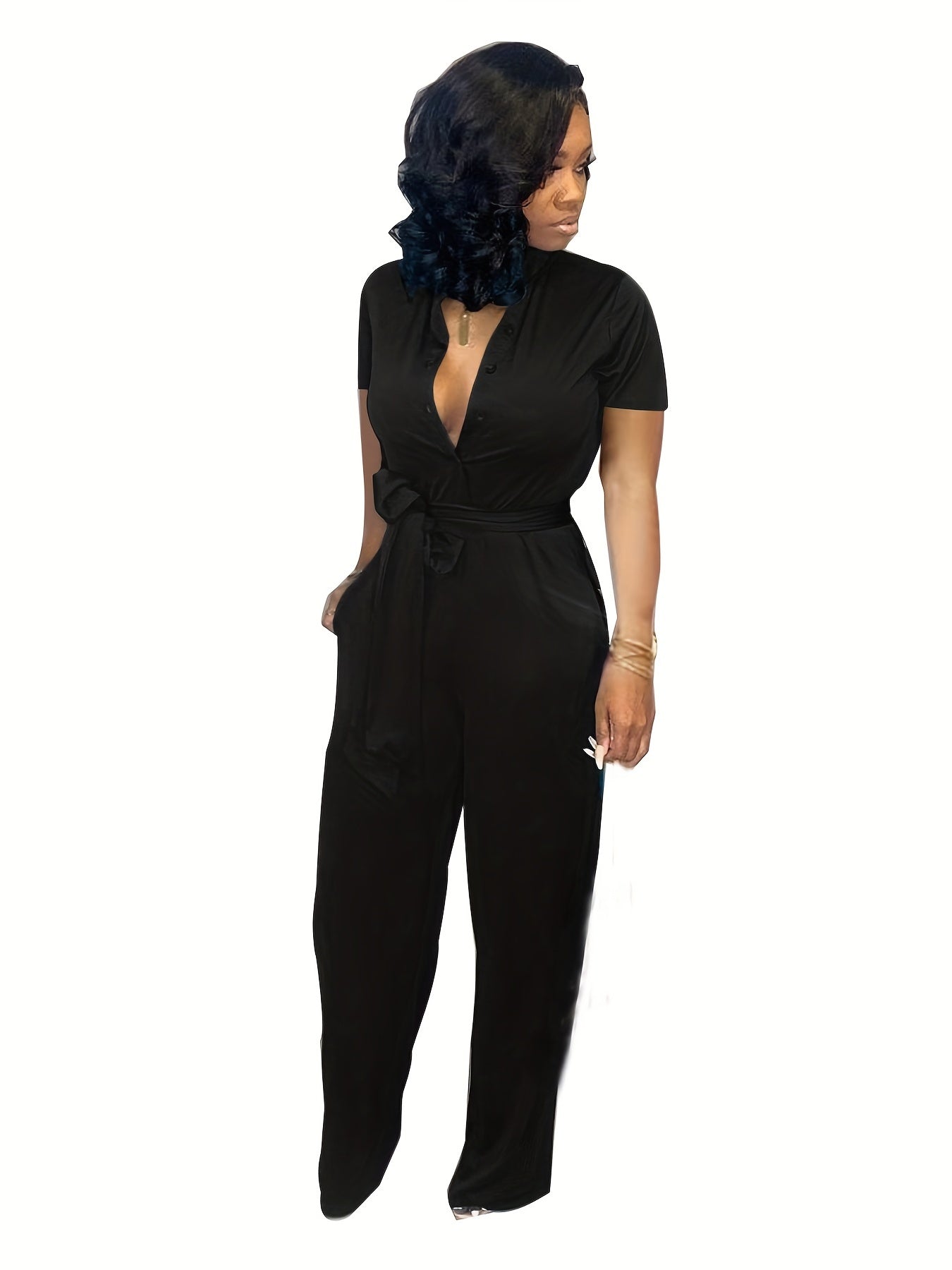 Casual Plunging Jumpsuit - Tie Waist - Long Length
