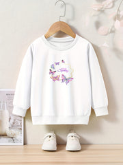 Spring Butterfly Print Girls Pullover Sweatshirt Long Sleeve Crew Neck Tops