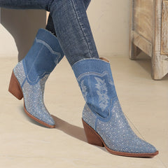 Women's Rhinestone Chunky Boots Embroidered Western Slip-On Dress Boots