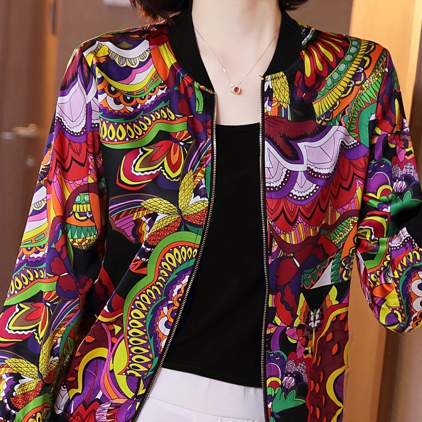 Solid Zip Up Jacket Baseball Neck Long Sleeve Outerwear