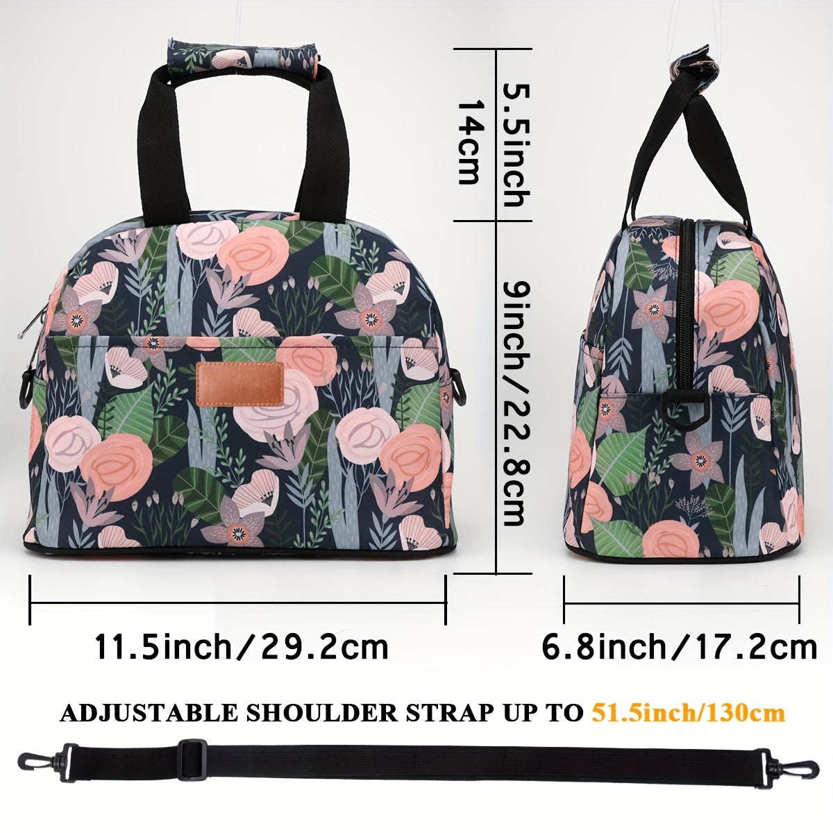 Insulated Lunch Bag with Pink Flower Strap