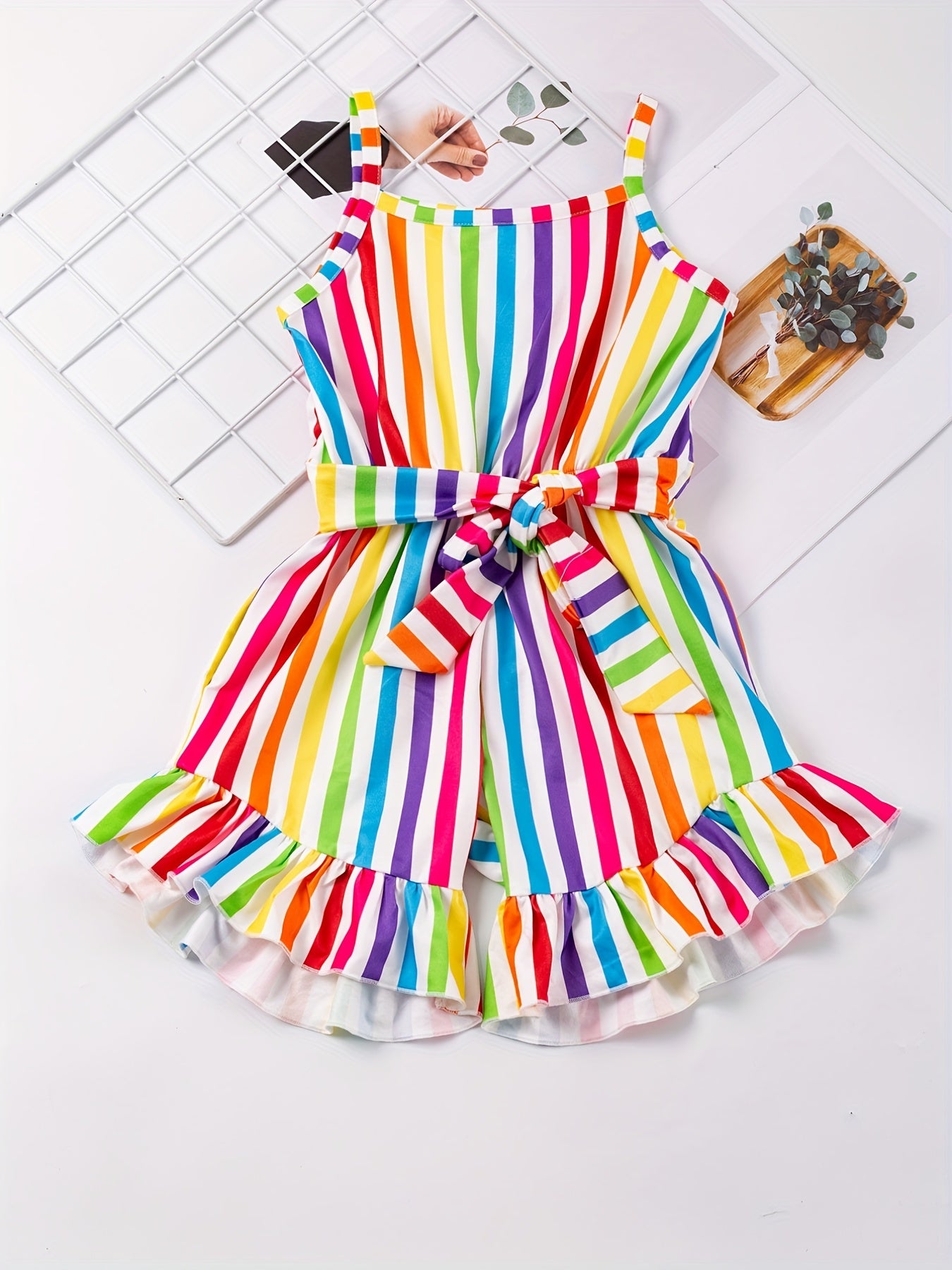Baby Girls Colorful Striped Jumpsuit High Waist Ruffles Cami Romper