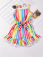 Baby Girls Colorful Striped Jumpsuit High Waist Ruffles Cami Romper