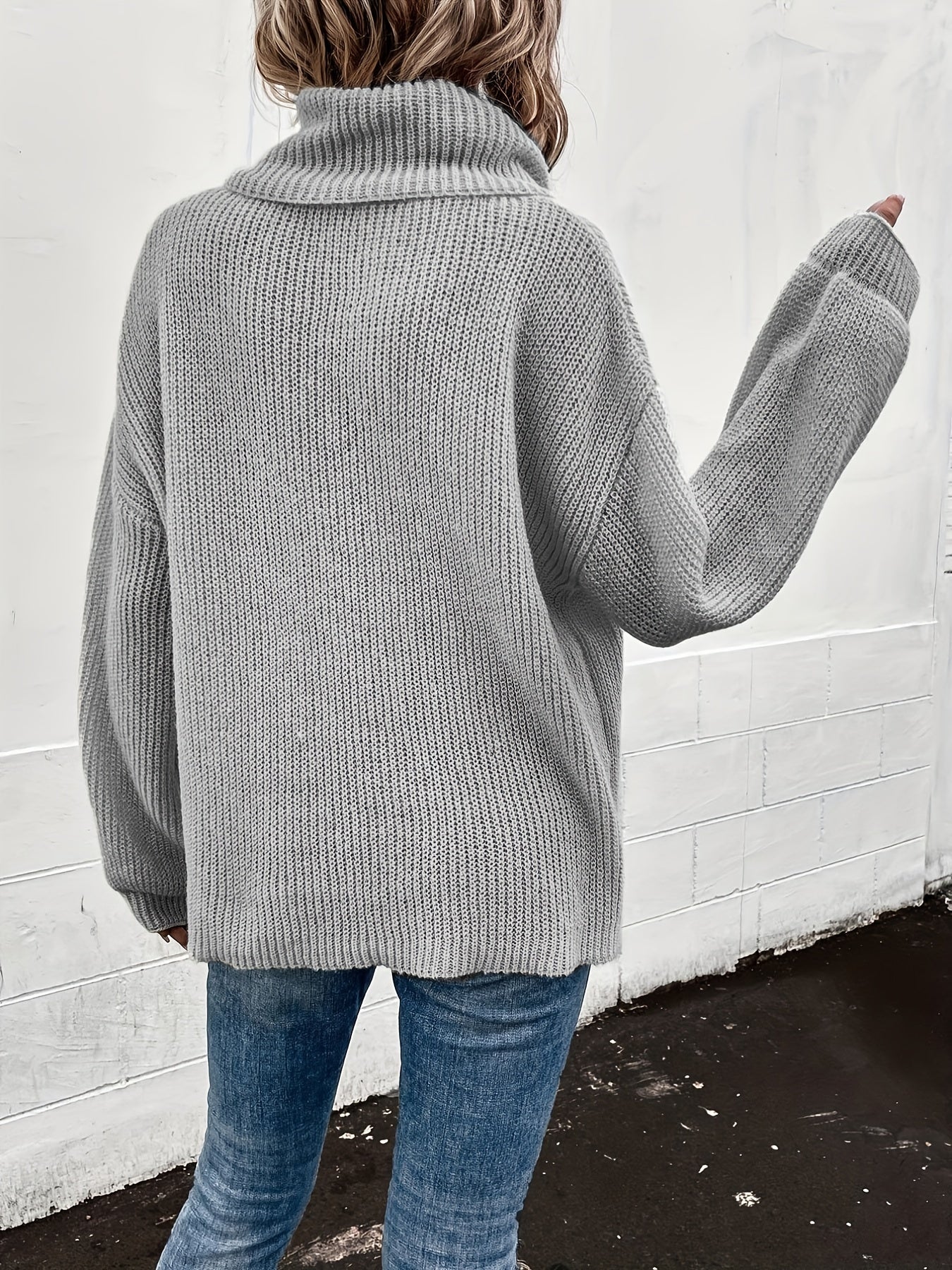 Solid Turtle Neck Pullover Sweater Long Sleeve Drop Shoulder