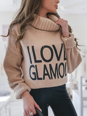 Casual Sweater Women's Plus Slogan Print Turtle Neck