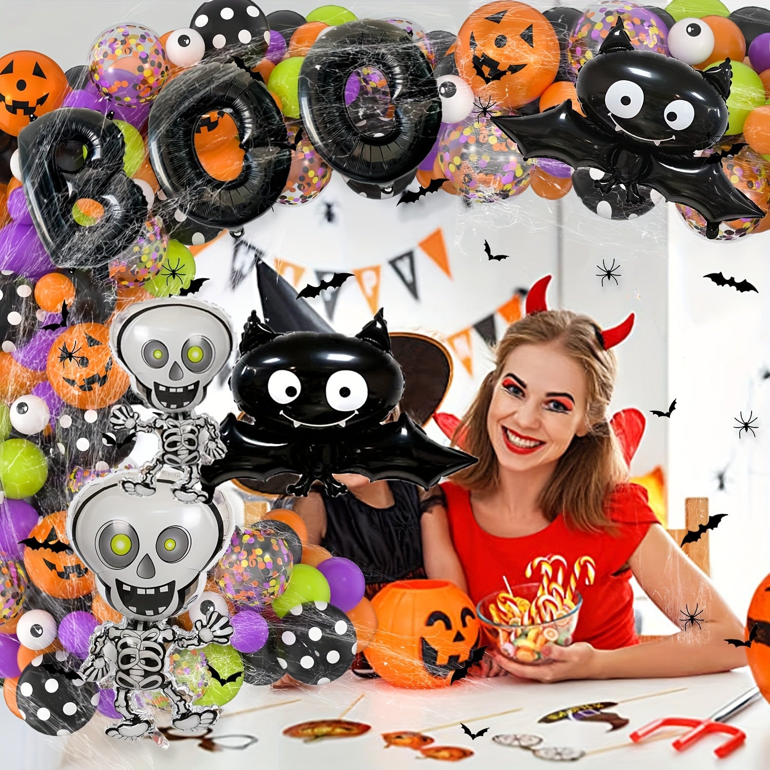 123pcs Halloween Balloon Garland Kit Purple Green Orange Eye Latex Balloons