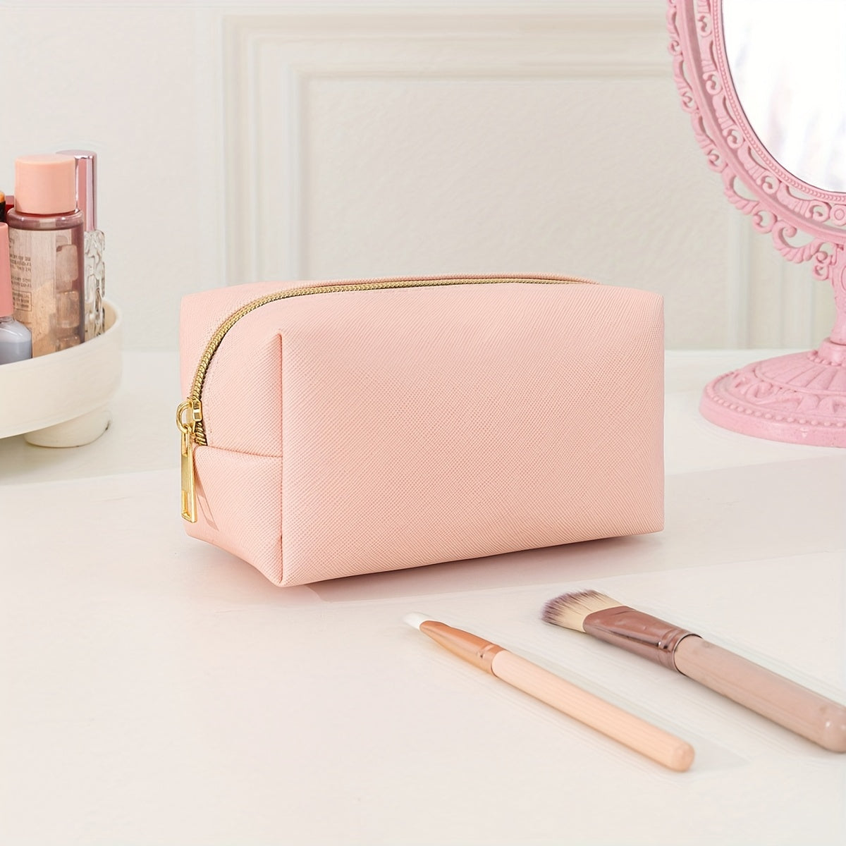 Pink Cosmetic Bag Women Makeup PU Travel Toiletry Zipper Storage Pouch