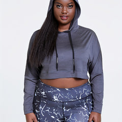 Solid Long Sleeve Stretch Hoodie Crop Top