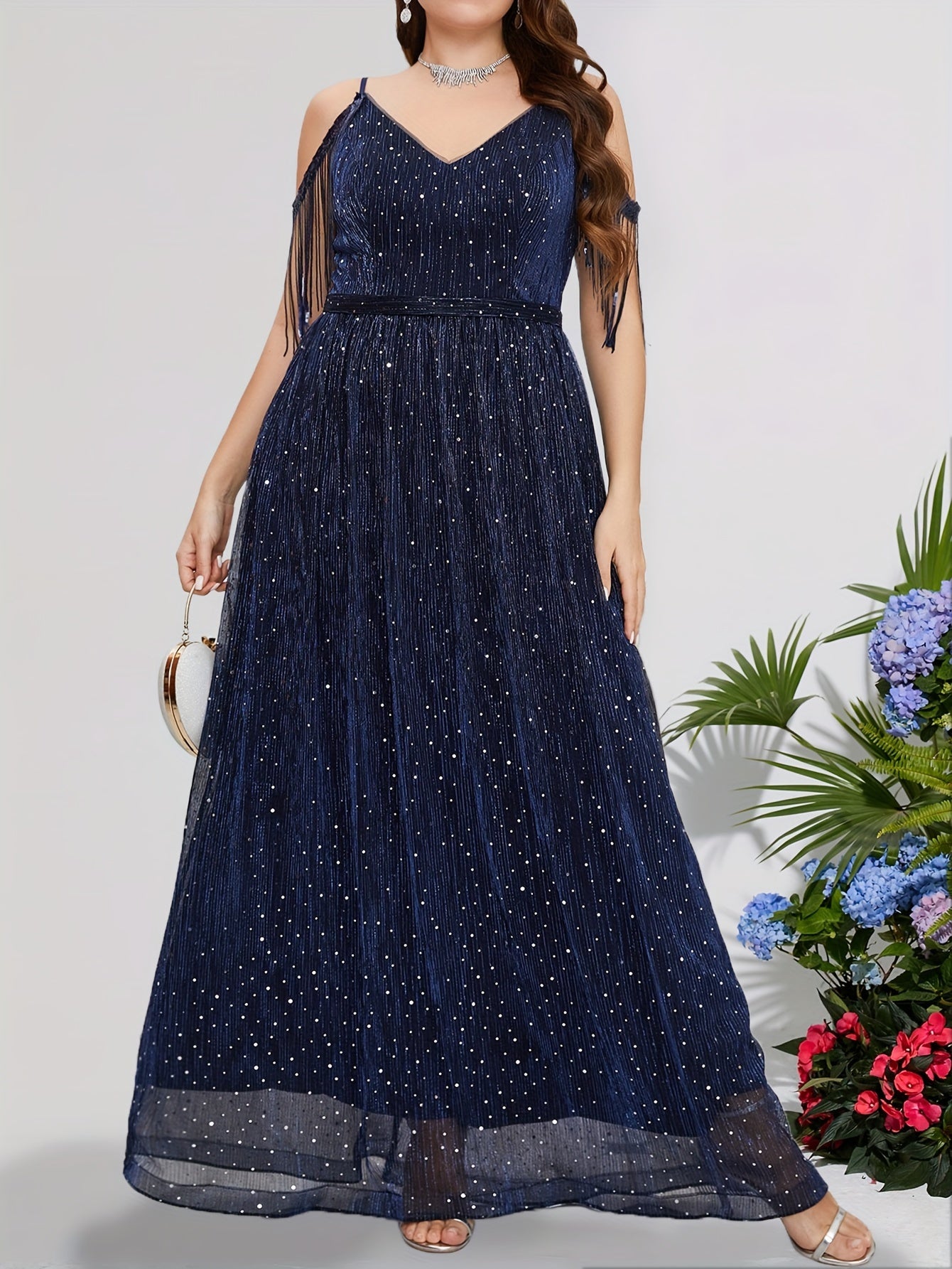 Sequin Fringe Trim V Neck Bridesmaid Dress