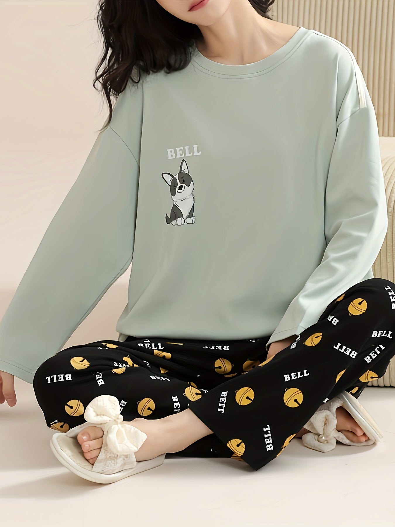 Cartoon Dog Print Pajama Set Long Sleeve Top & Pants Women's Sleepwear