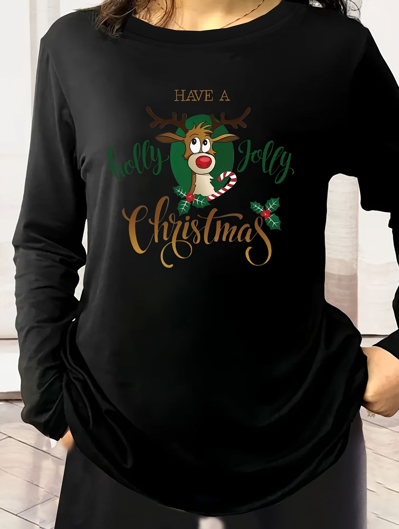 Christmas Casual Loungewear Top Women's Plus Elk Print Long Sleeve